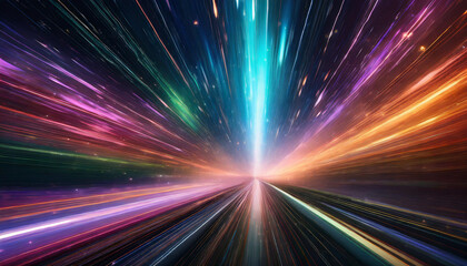 light trails streaking through space, symbolizing the concept of light speed travel in a colorful cosmos