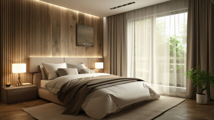 Cozy bedroom interior design. Modern light house or hotel room with comfortable large king size bed, luxury linen and stylish trendy minimal or classic decor background. Bedroom home furniture shop.