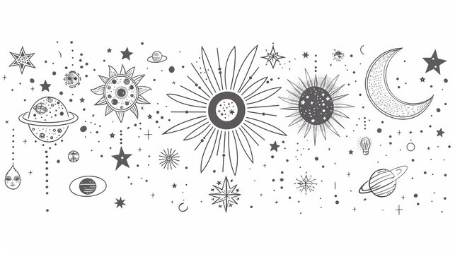 Stars, moon, sun, and planets are included in this line art illustration with magical elements.