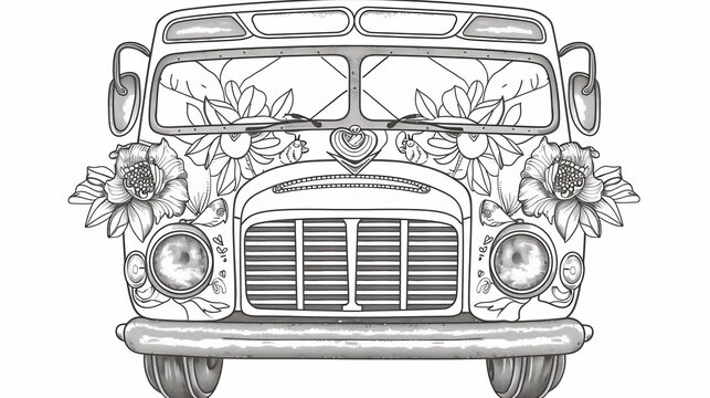 A hand drawn outline of a retro bus decorated with ornaments in front view. Modern zen art illustration. Floral ornament. Boho tattoo or print.