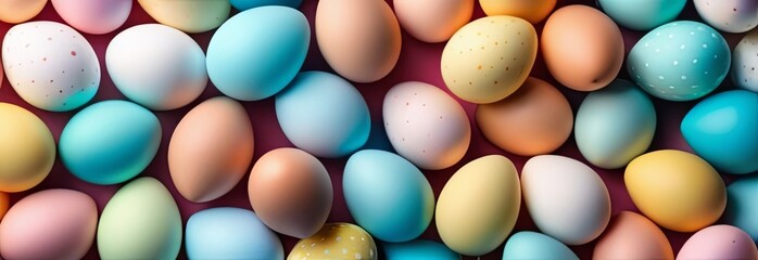 Easter composition of colorful easter eggs over plain background. Springtime holidays concept with copy space - Easter decoration, banner, panorama, background