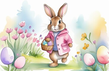 Cartoon funny bunny smiles, wearing a pink coat, surrounded by flowers and Easter eggs. Easter card, with space for text. Watercolor illustration. Happy Easter.