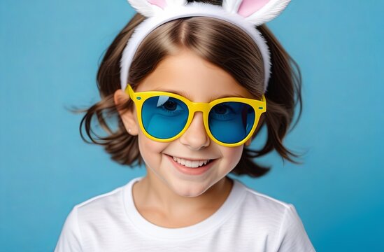 funny happy girl wearing bunny headband and sunglasses, on solid pastel blue background. Easter holiday concept