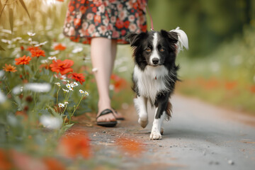 A cute happy border dog walking next to its owner, wearing dress on the road in an summer park with flowers around them