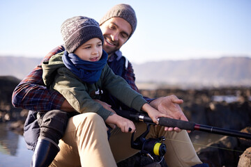 Father, kid and fishing at sea in winter as hobby with bonding for child development, growth and...