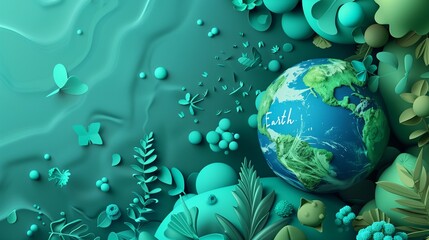 Earth globe with a stylized, artistic design featuring handwritten typography spelling Earth across the surface, set against a background with ample copy space and a palette of various green hues. - obrazy, fototapety, plakaty