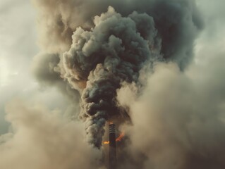 Smoke billows from a chimney against a moody sky, symbolizing environmental issues.