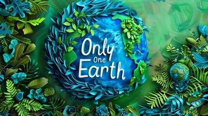 The planet Earth, featuring a stylized design with the prominent, bold inscription Only One Earth to emphasize the importance of environmental conservation and the uniqueness of our planet.