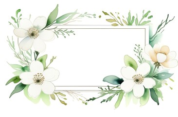 Composition of white spring flowers and green branches over white background. Springtime holidays concept with copy space. Watercolor illustration, background. Greeting card for wedding, postcard