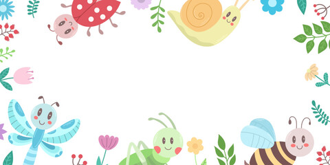 Frame with kawaii insects on a white background. Vector, illustration