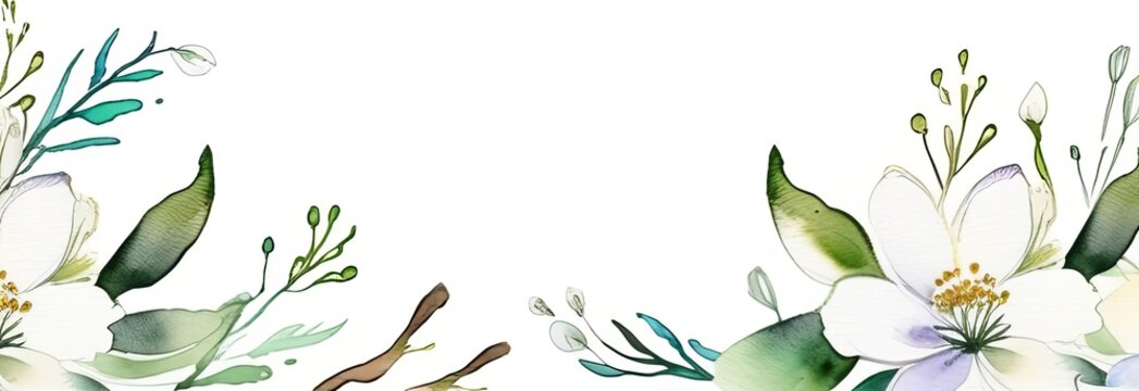 Composition of white spring flowers and green branches over white background. Springtime holidays concept with copy space. Watercolor illustration, banner,panorama,background © Ekaterina