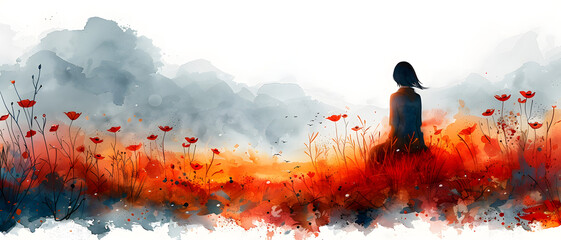 A thoughtful depiction of a person standing amid vibrant red watercolor-painted wildflowers contemplating nature