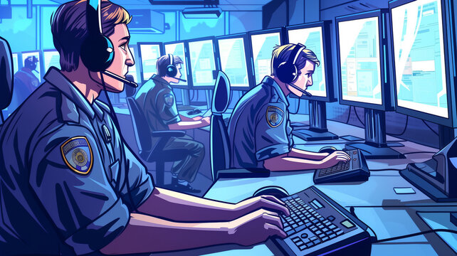 a 911 call center for first responders, fire, police, and medical personnel, in an Emergency-themed, Horizontal format in JPG, Cartoon Illustration. Generative ai