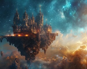 Fototapeta premium Interstellar intrigue and fantasy blend in a cosmic journey to explore floating castles and magical realms among the stars