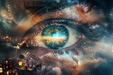 Surreal eye overlooking cosmic cityscape - A surreal artwork of an eye superimposed over a cosmic cityscape, blending reality and fantasy - obrazy, fototapety, plakaty