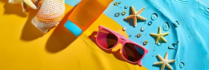 Colorful summer accessories with water drops - Stylish summer accessories with vibrant colors and refreshing water droplets on a yellow background - obrazy, fototapety, plakaty
