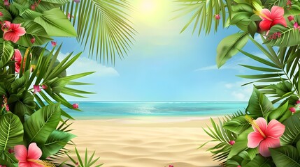 Fototapeta na wymiar Tropical beach scene with calming vibe - Serene tropical beach setting with vibrant flowers and palm leaves framing a soothing ocean view