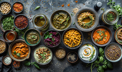 Vegan/ vegetarian sauces and spices in jars and bowls seen from above, healthy food top view wallpaper kitchen	 - obrazy, fototapety, plakaty