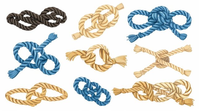 There are knots of different types set. Loops, nautical nodes, nautical nooses of several shapes. Tied nautical ropes, strings, cords, cables. Modern flat graphics isolated on white.