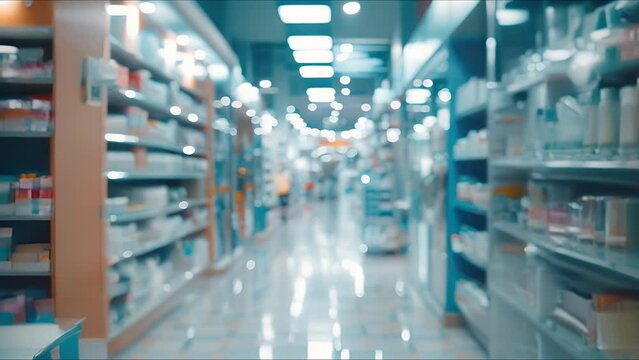 Pharmacy blur background with medicine on shelves. Drugstore interior bokeh. Healthcare and medicine concept. AI generated.