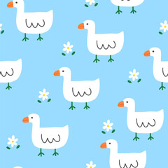 Fototapeta premium Cute goose on a bright blue background with camomile white flowers, kids fabric and textile vector print design, seamless pattern