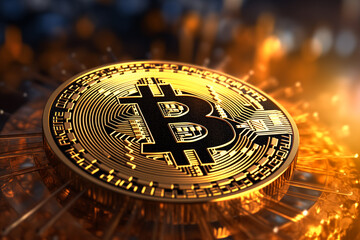 Close up of crypto coin bitcoin, BTC cryptocurrency or digital money