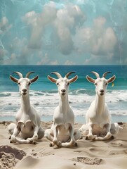 Meditating goats on a beach with ocean backdrop - Three serene white goats sitting in a meditation pose on a sandy beach with a tranquil ocean and sky in the background - obrazy, fototapety, plakaty