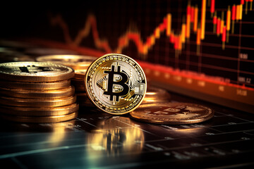 Close up of crypto coin bitcoin with financial chart in the background, BTC cryptocurrency or digital money