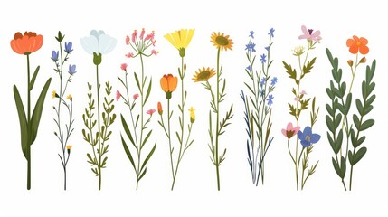 Flower stems, spring and summer plants. Abstract field and meadow blooms. Wildflowers. Flat modern illustrations isolated on white.