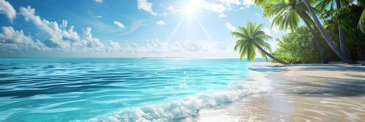 Clear blue sea with palm trees and bright sky - Idyllic tropical paradise with clear blue water and lush palm trees