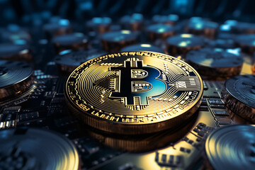 Close up of crypto coin bitcoin, BTC cryptocurrency or digital money