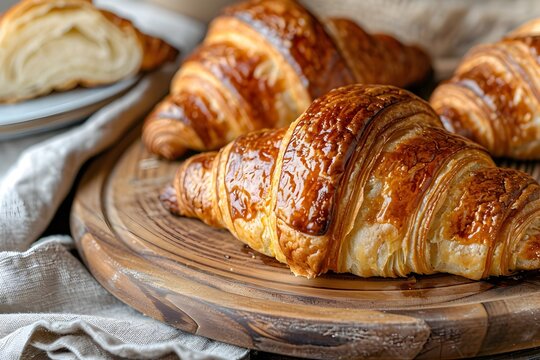 Golden Croissants on Wooden Platter Close-up - Freshly baked golden croissants served on a rustic wooden platter, highlighting the flaky texture and glossy finish