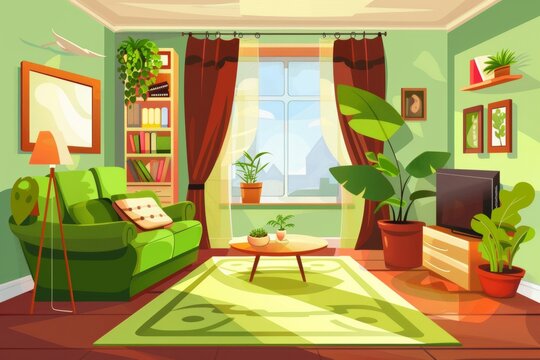 Living room interior with sofa, armchair, bookcases, and a tv. Modern illustration of a lounge with a coffee table, carpet, lamp, and house plants.
