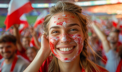 Vibrant Portrait of a Joyful Female Poland Supporter with a Polish Flag Painted on Her Face, Celebrating at UEFA EURO 2024 - obrazy, fototapety, plakaty