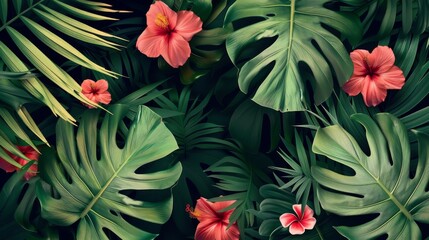 Background with seamless tropical flower and plant modern pattern - obrazy, fototapety, plakaty