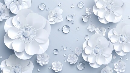 This modern background features decorative white round flowers and drops in a 3D white style