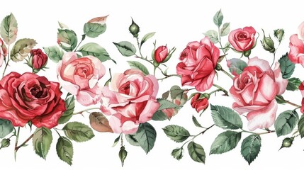 Digital watercolor illustration showing a bouquet of roses, spring blossoms. Horizontal border: red, mauve, pink flowers, buds, green leaves on a white background. - obrazy, fototapety, plakaty
