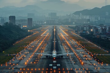 An airplane sits centered on an illuminated runway, with the cityscape and mountains shrouded in mist at twilight - obrazy, fototapety, plakaty
