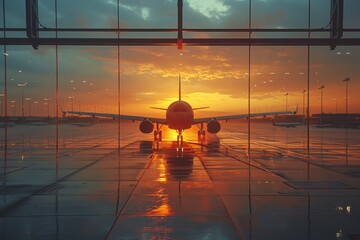 The sun sets behind a stationary airplane, casting a warm glow and silhouette on the reflective airport tarmac - obrazy, fototapety, plakaty