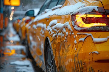 A focused close-up shot of a yellow taxi with its surface covered in snow during a chilly winter day