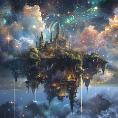 Magical realms and enchanted fortresses float in a cosmic wonderland - obrazy, fototapety, plakaty
