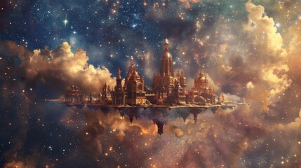 Majestic floating castle among the stars - obrazy, fototapety, plakaty