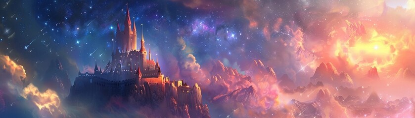 Storybook journey to a castle floating among the stars surrounded by cosmic beauty and ethereal landscapes