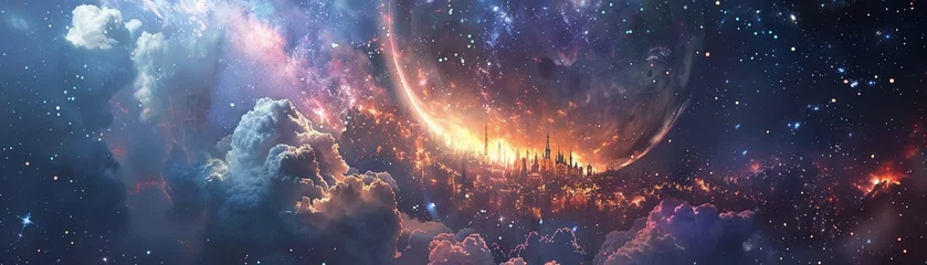 Tuinposter Supernova explosion illuminating a magical fortified city floating among the stars © WARIT_S
