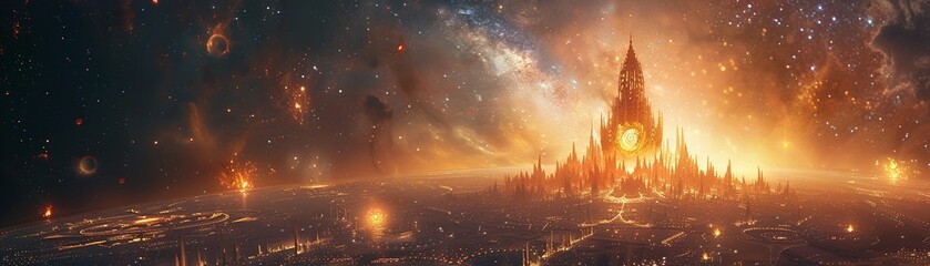 Supernova explosion illuminating a magical fortified city floating among the stars