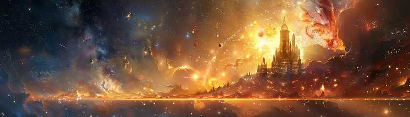 Supernova explosion illuminating a magical fortified city floating among the stars - obrazy, fototapety, plakaty