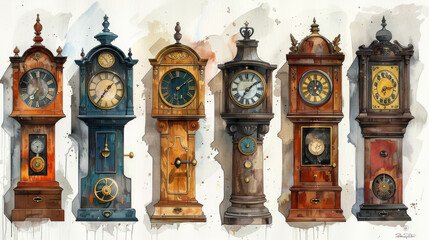 A set of clocks in watercolor