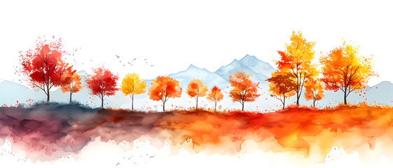 Vibrant watercolor painting depicting a serene autumn scene with colorful foliage and distant mountains