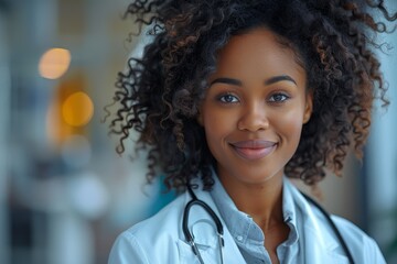An African-descent female doctor posing confidently with curly hair and a stethoscope in a clinic setting