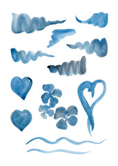 Hearts, strokes and flowers in blue tones. Set of watercolor elements